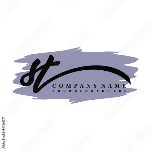 ST handwritten logo vector template. with a gray paint background, and an elegant logo design