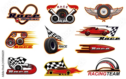 Car races, motor street racing engine and wheel fire flame icons. Vector racing team club symbols, sportcar bolid burning flame and speedometer, rally drift drag races championship photo