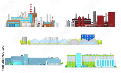 Inustrial buildings and factory facilities. Industrial plant vector icons of oil refinery, coal mining, car manufacturing and machine engineering, pharmaceutical industry