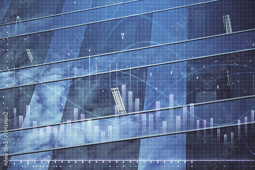 Forex chart on cityscape with tall buildings background multi exposure. Financial research concept.