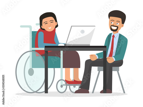 Business person disabled on wheelchair working at office desk vector illustration. Workplaces for workers with disabilities.