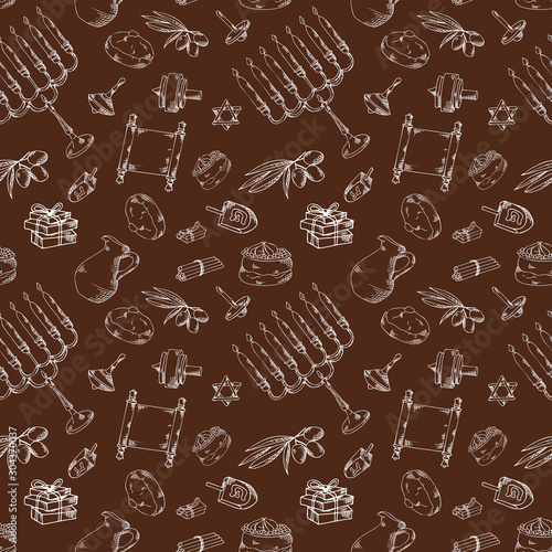 Seamless pattern with traditional hand drawn elements. Happy Hanukkah sketch objects. Vector illustartion