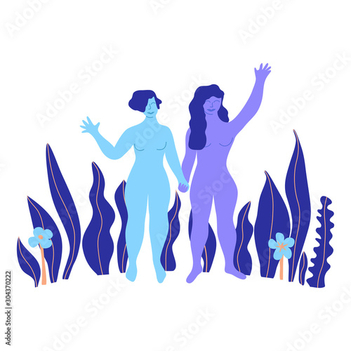 Attractive plus size woman. Body positive concept with beautiful standing overweight girl. Acceptance feminism movement. Vector illustration in flat style
