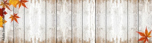 autumn – frame of colorful leaves isolated on white wooden texture – background panorama banner long