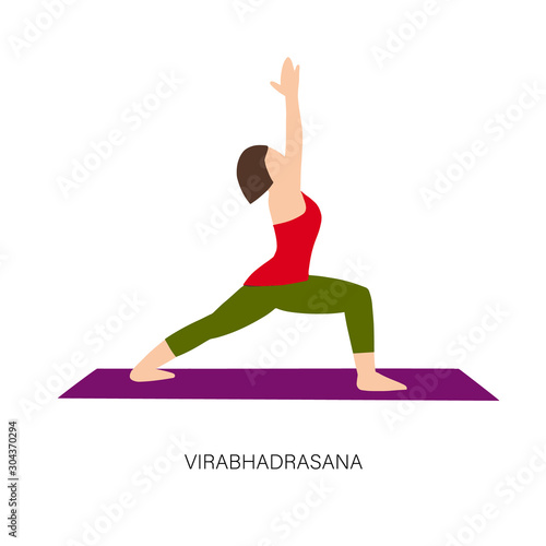 Yogi woman in Virabhadrasana or Good warrior pose. Female cartoon character practicing Hatha yoga. Girl demonstrating exercise during gymnastics training. Flat vector illustration.