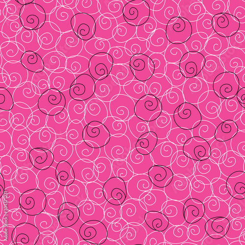 Seamless pattern with spiral doodles on pink background