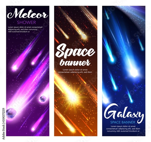 Space meteor shower with comets, stars and asteroids falling in night sky. Vector starry galaxy and universe planet banners with shooting fireballs, meteorite with bright speed trails, sparkles