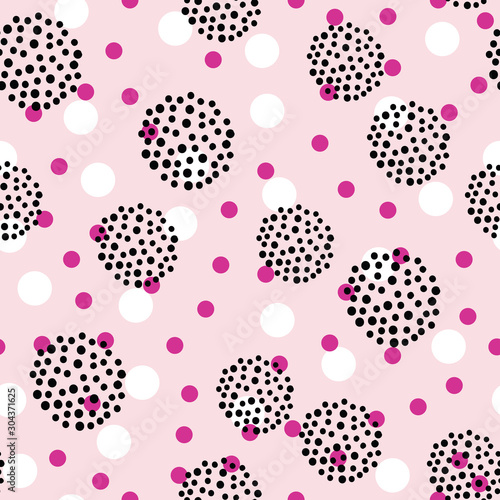 Seamless pattern of pink white and black dots circles