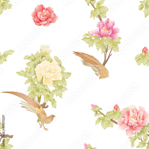 Peony tree branch with flowers with pheasants in the style of Chinese painting on silk Seamless pattern, background. Colored vector illustration. Isolated on white background..