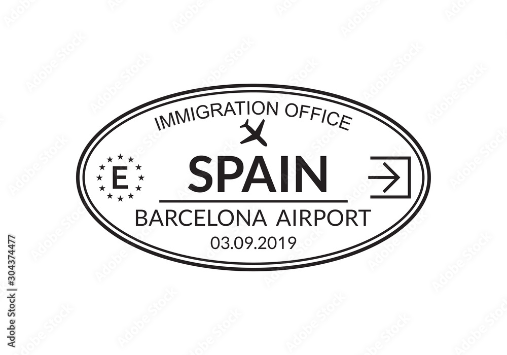 Fototapeta premium Spain passport stamp. Visa stamp for travel. Barcelona international airport grunge sign. Immigration, arrival and departure symbol. Vector illustration.