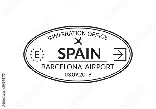 Spain passport stamp. Visa stamp for travel. Barcelona international airport grunge sign. Immigration, arrival and departure symbol. Vector illustration.