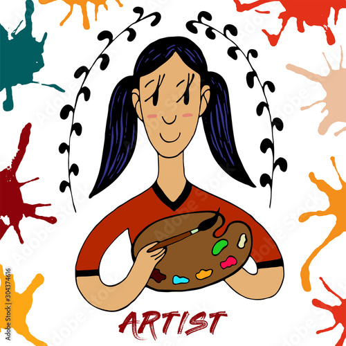 Man artist girl palette paint profession vector work art hand drawing color