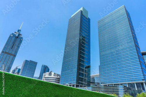 low angle view of skyscrapers in city of China.