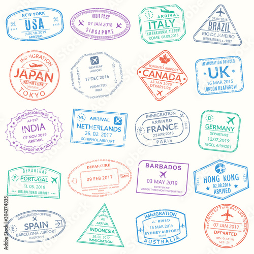 Passport stamp set. Visa stamps for travel. International airport grunge sign. Immigration, arrival and departure symbols with different cities and countries. Vector illustration.