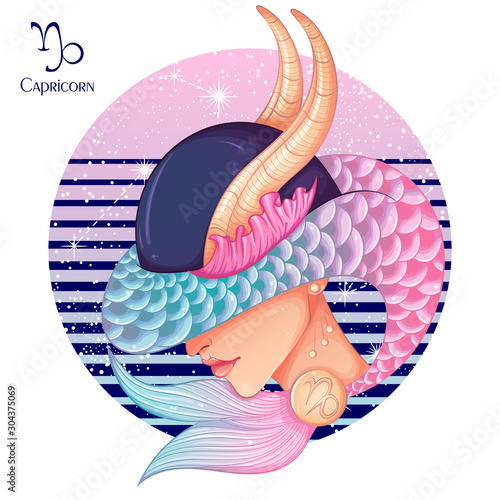 Zodiac. Vector illustration of the astrological sign of Capricorn as a beautiful fashion girl in hat. Sign inscribed in a round shape isolated on white background. Fashion woman