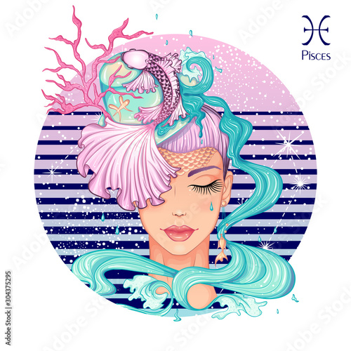 Zodiac. Vector illustration of the astrological sign of Pisces as a beautiful fashion girl in hat. Sign inscribed in a round shape isolated on white background. Fashion woman