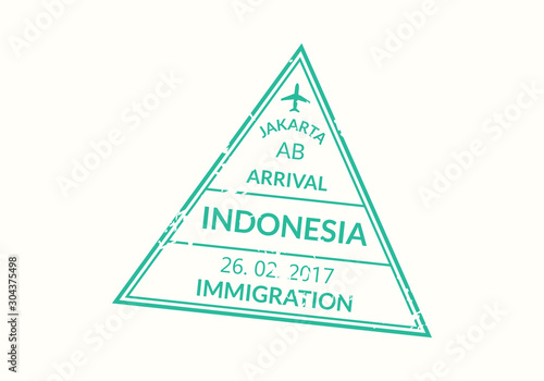 Indonesia passport stamp. Visa stamp for travel. Jakarta international airport grunge sign. Immigration, arrival and departure symbol. Vector illustration.