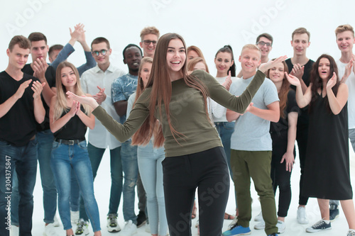 in full growth. group leader standing in front of her team