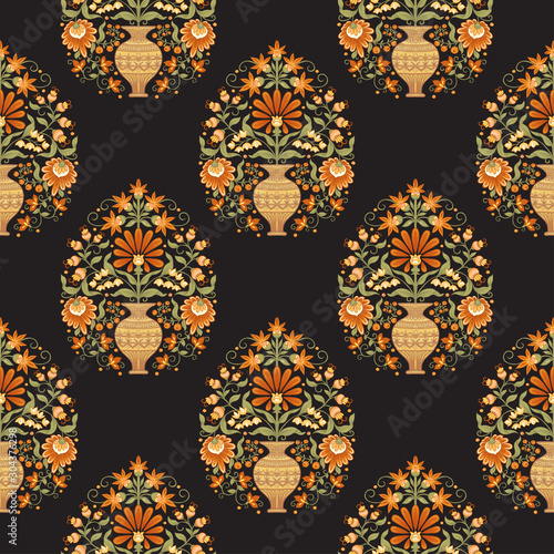 Tradition mughal motif, fantasy flowers in retro, vintage style. Seamless pattern, background. Vector illustration. Isolated on black background..