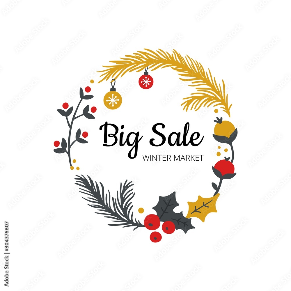 Stylish Hand-drawn winter sell-out banner. Vector illustration on Christmas theme with branches, balls, cones and fir. Great for advertising, site, banner or email. Stylish Hand-drawn winter sell-out banner. Vector illustration on Christmas theme with branches, balls, cones and fir. Great for advertising, site, banner or email.