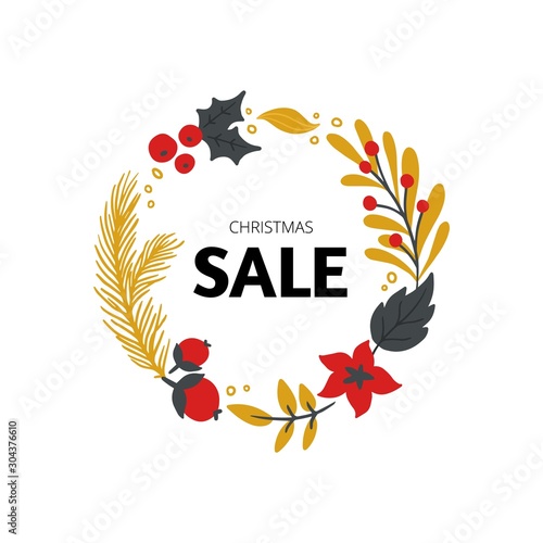 Cute winter sell-out banner. Hand-drawn Vector illustration on Christmas theme with branches, balls, cones and fir. Great for advertising, site, banner or email. photo