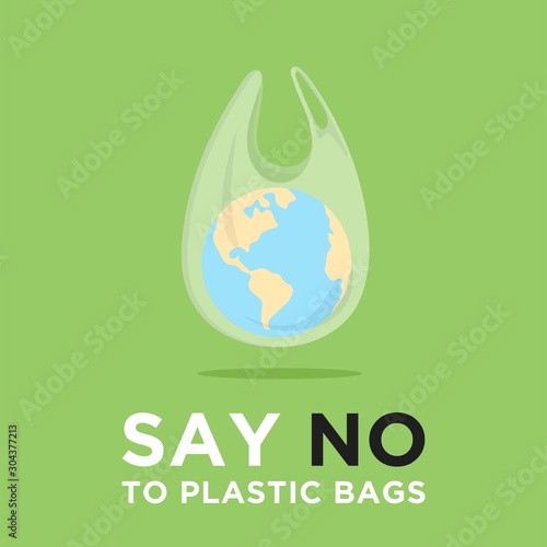 Say no to plastic bags. Ecology conversation. Zero waste. White polythene bag with planet inside. Create less waste. Pollution problem. Campaign to reduce plastic usage. Flat vector banner