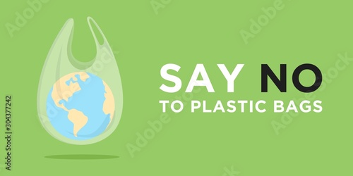 Say no to plastic bags. Ecology conversation. Zero waste. White polythene bag with planet inside. Create less waste. Pollution problem. Campaign to reduce plastic usage. Flat vector banner