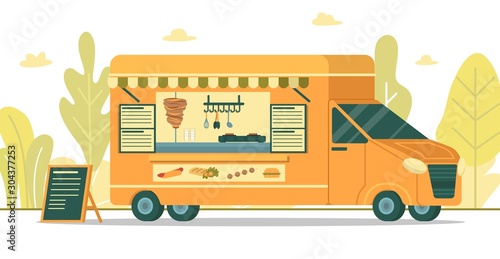 Fast Food Van with Menu Board, Vector Banner.