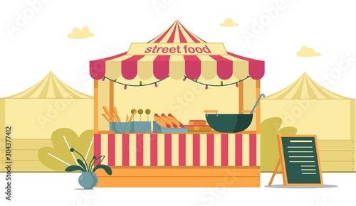 Street Food Tent at City Fair, Bright Cartoon.