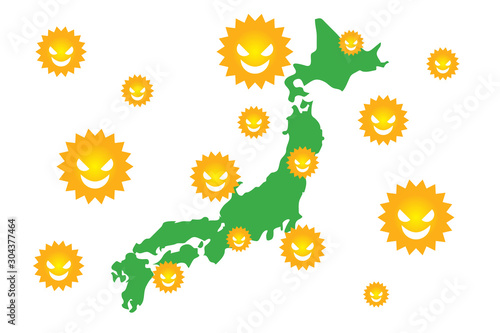 花粉症と日本地図 杉の木とスギ花粉のイメージ illustration of cedar pollen allergy, Japan map