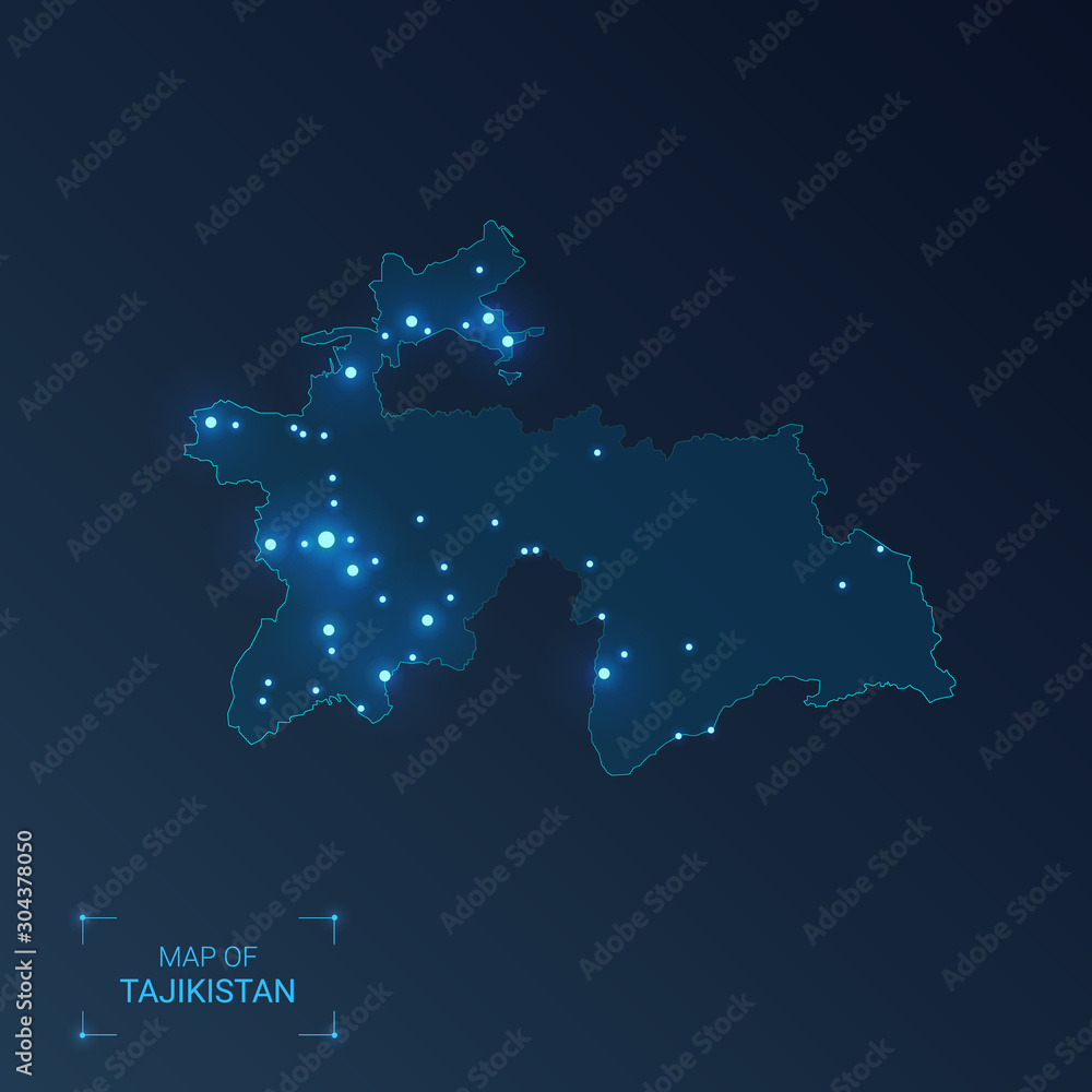 Obraz premium Tajikistan map with cities. Luminous dots - neon lights on dark background. Vector illustration.