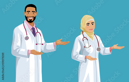 Set of smiling young Arab doctors. Handsome man and cute woman wearing a lab coat stands and points sideways by hand palm. Isolated vector illustration