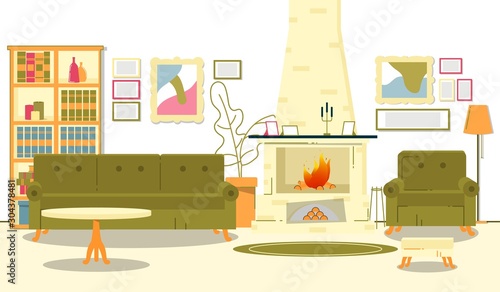 Flat Banner Beautiful Room Interior with Fireplace