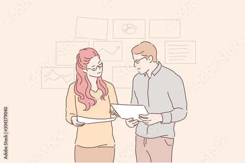 Analytics, statistics, planning, business partnership concept. Young people, man and woman, businessmen conduct analysis, development strategy, improvement together. Teamwork at office. Flat vector.