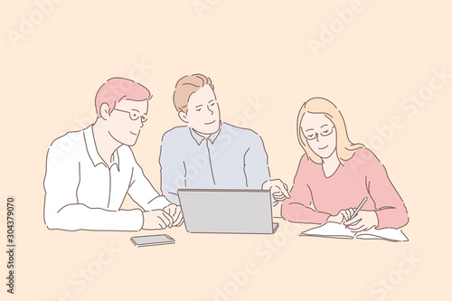Partnership, teamwork, idea, business concept. Team of men and women, businessmen met at office, discuss, agree, plan. Partners businessmen and businesswoman develop, improve tactics work. Flat vector