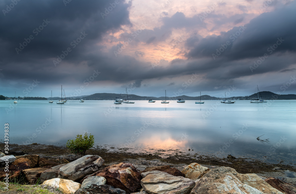 Clouds, Boats and Reflections - Bay Waterscape