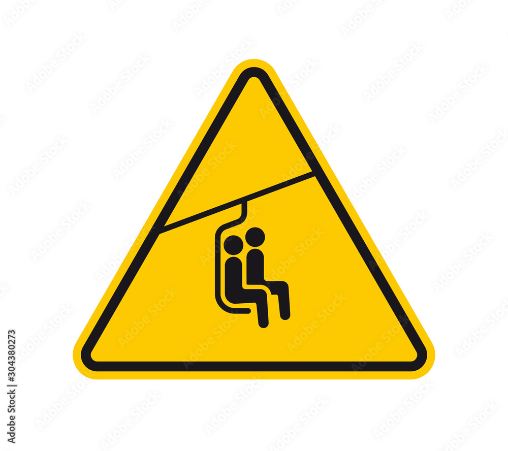Vector yellow triangle sign - black silhouette chair lift for 3 people. Isolated on white background. Vector yellow triangle sign - black silhouette chair lift for 3 people. Isolated on white background.