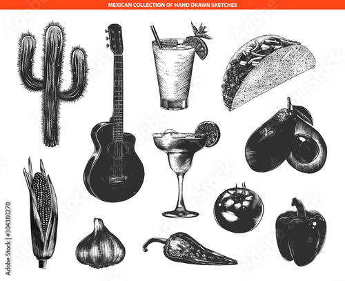 Vector engraved vintage style mexican collection for logo, decoration, emblem and menu. Hand drawn monochrome sketches of cactus, tequila, tacos, guitar, cocktails isolated on white background.