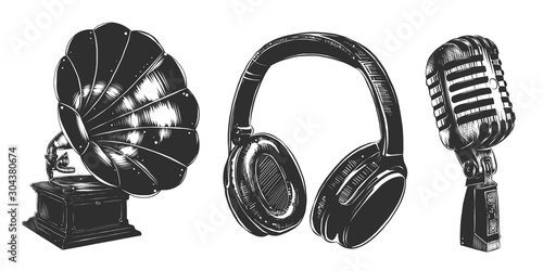 Vector engraved vintage style sound equipment collection for logo, icons, decoration, emblem. Hand drawn sketches of headphones, gramophone, microphone in monochrome isolated on white background.