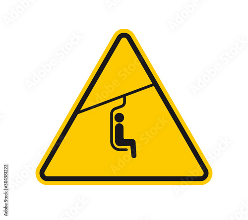 Vector yellow triangle sign - black silhouette chair lift for 1 people. Isolated on white background.