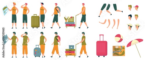 Cartoon Man Traveler Character Animation Flat Set