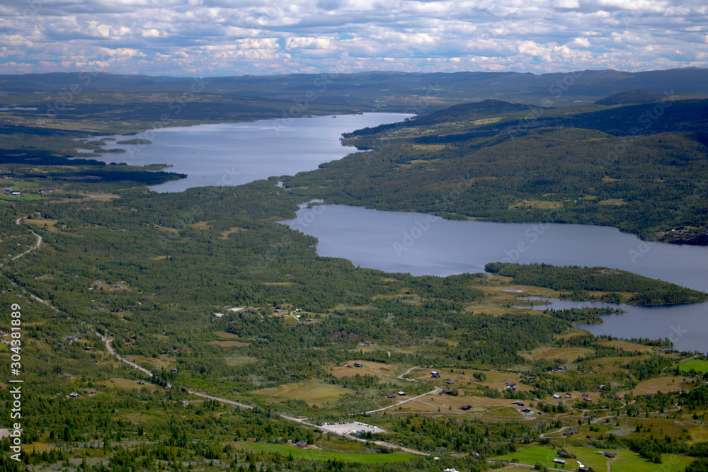 Birds eye view of lakes Storevatnet and Tisleifjorden from Skogshorn mountain in Hemsedal, Norway