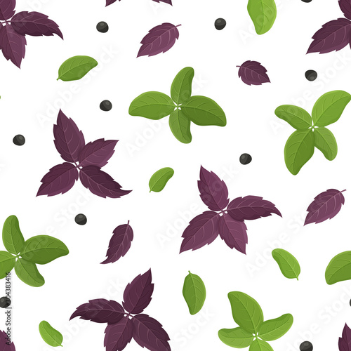 Seamless food vector pattern. Cartoon hand drawn basil leaf with black pepper on white background. Flat illustration for fabric, textile, wallpaper. Isolated green and purple plant. Floral design
