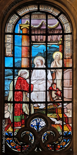 Saint Denis  first bishop of Paris  visits the Blessed Virgin in the house of Saint John in Ephesus  stained glass windows in the Notre Dame des Champs Church  Paris.