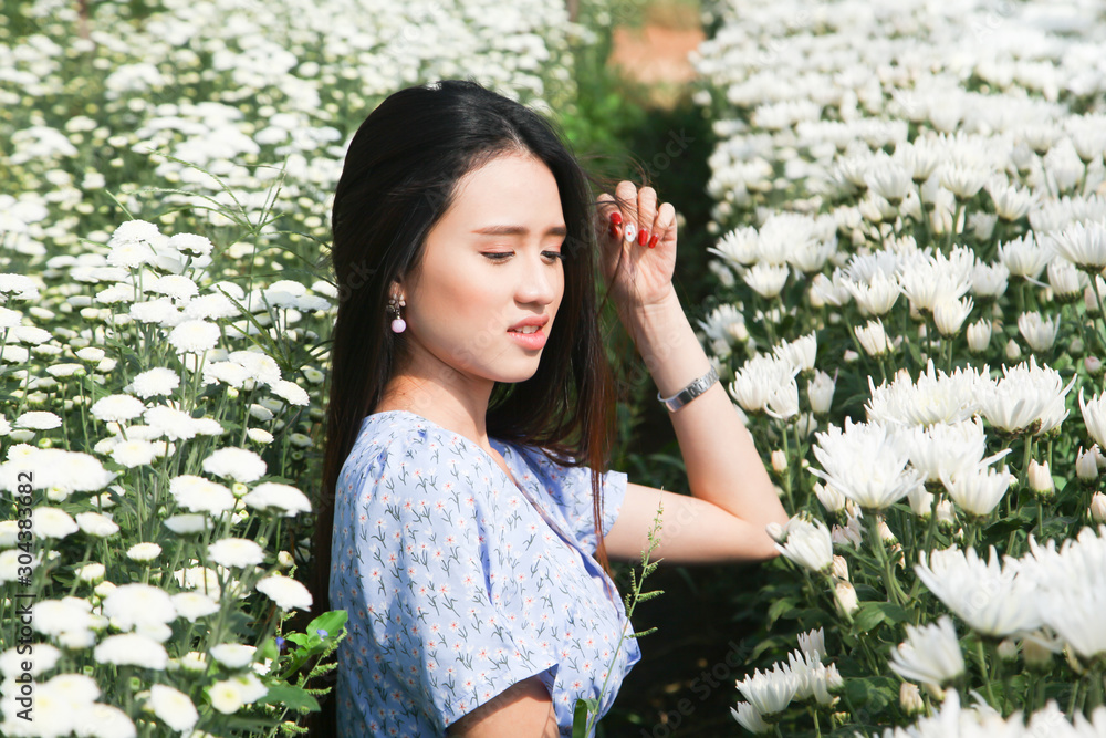 Portrait young beautiful asian woman in blue dress relaxing at chrysanthemum flower field Portrait young beautiful asian woman in blue dress relaxing at chrysanthemum flower field