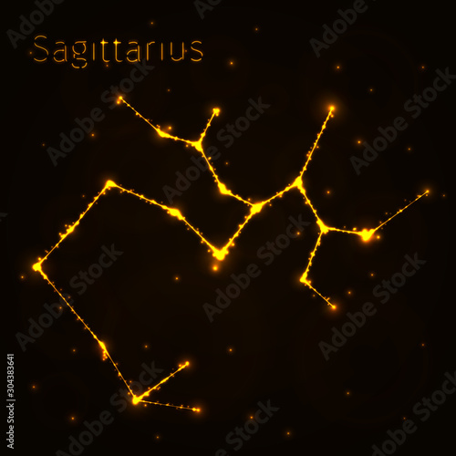 Sagittarius Illustration Icon, Lights Silhouette on Dark Background. Glowing Lines and Points