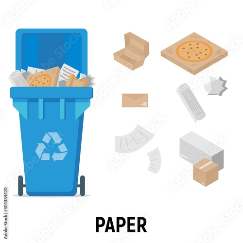 Blue recycle garbage bin for paper set. For banner, flyer. Separation of waste cans for recycling, reuse, reduce. Throw away the paper in correct trash can. Boxes, sheets, paper in rubbish bag.