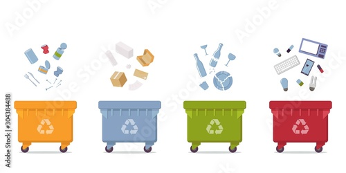 garbage cans with sorted garbage vector icons. Container dustbin for paper, plastic, glass, e-waste in flat style. Separation of waste cans for recycling. Colored waste bins. Waste management concept