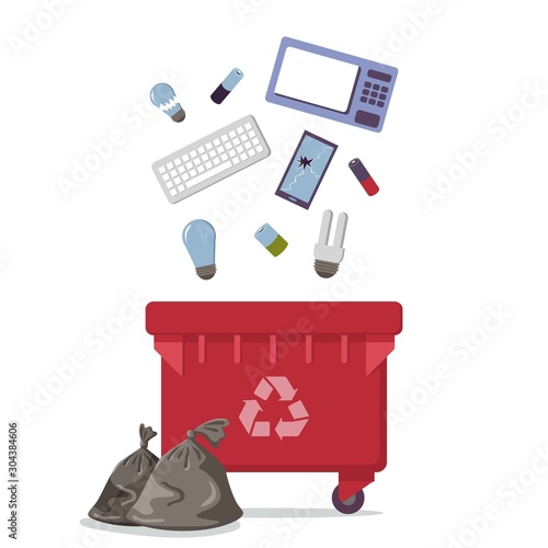 Red recycle garbage bin for e-waste set. For banner, flyer. Separation of waste cans for recycling, reuse, reduce. Throw away electronic devices in correct trash can. TV, computer, phone, battery