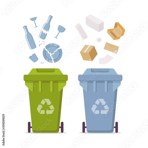 Green recycle garbage bin for glass and Blue can for paper set. For banner, flyer. Separation of waste can for recycling, reuse, reduce. Throw away the glass and metal in correct trash can. Less waste